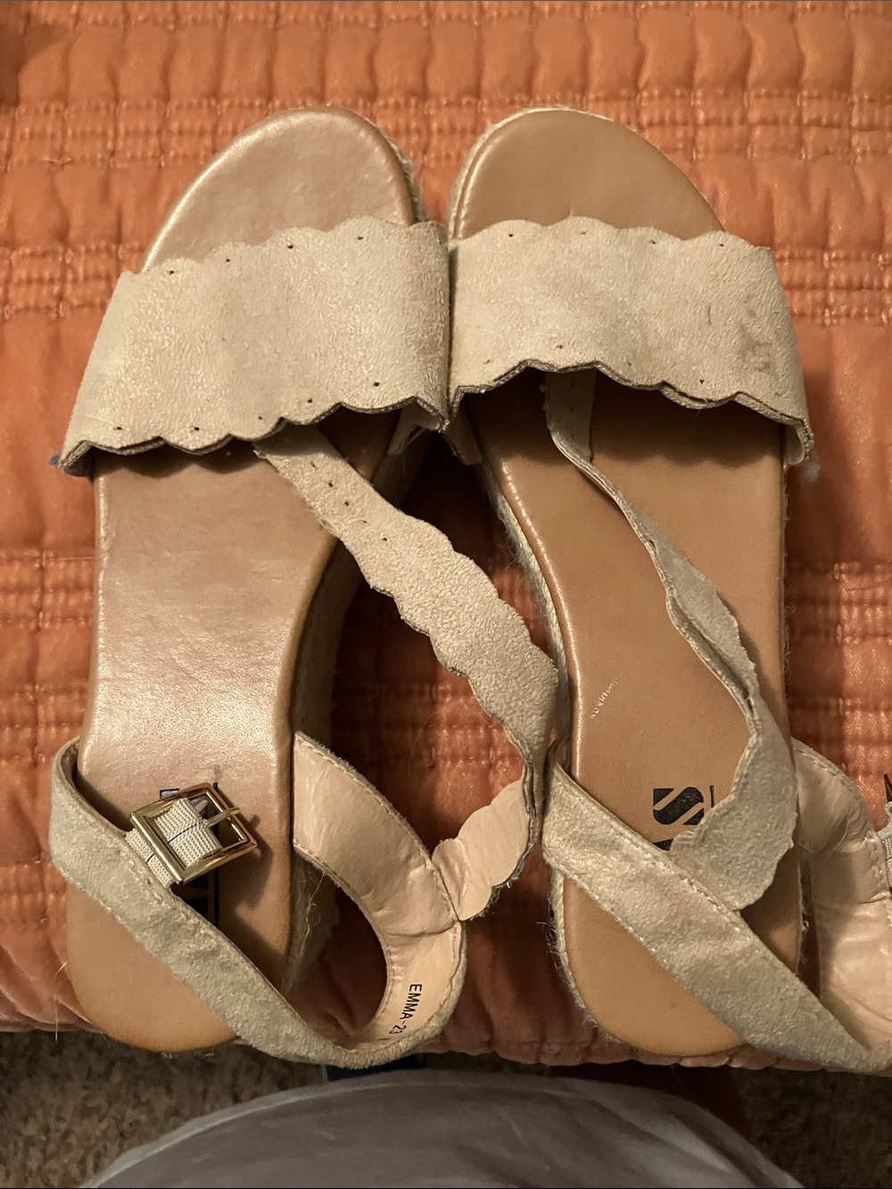 Beige Scalloped Suede Women's Sandals size 8 platform bottom